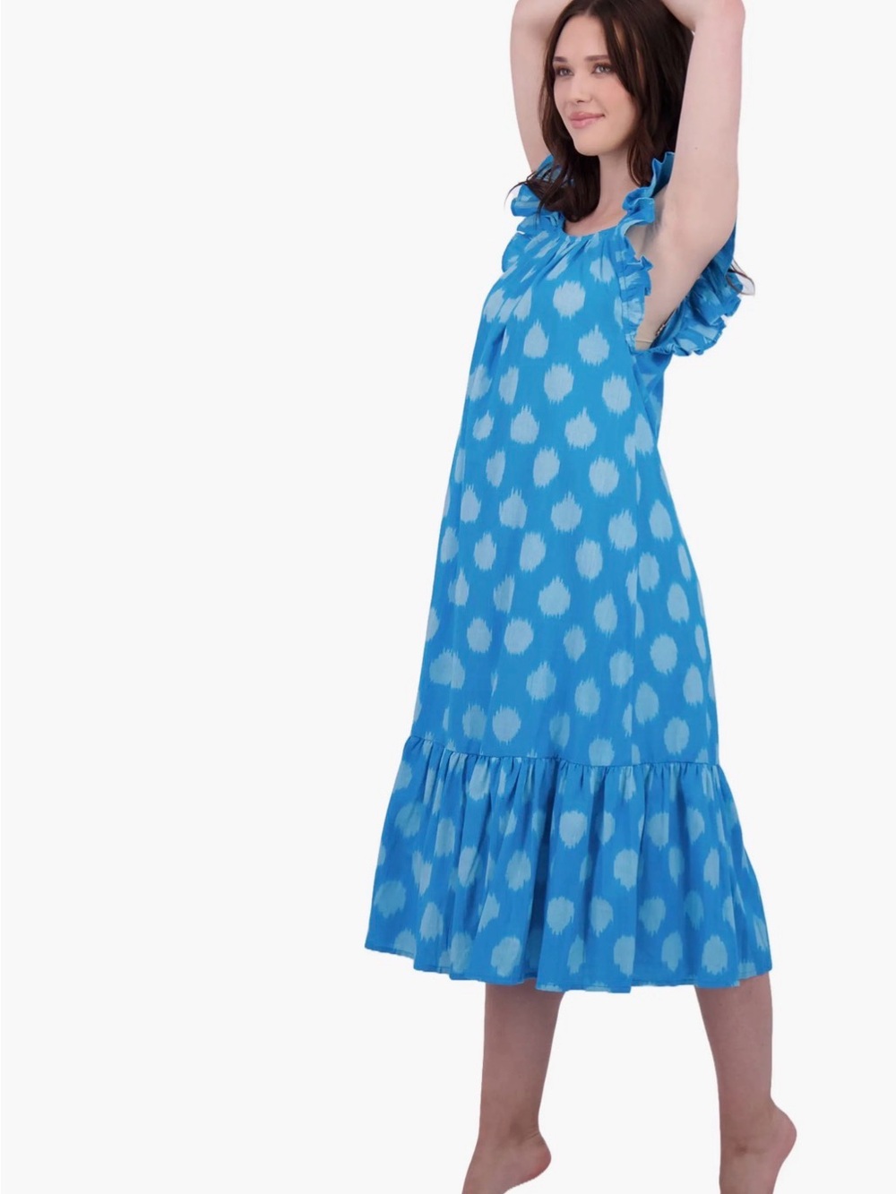 Mer St Barth Blue Printed Ruffle-Shoulder Midi Dress